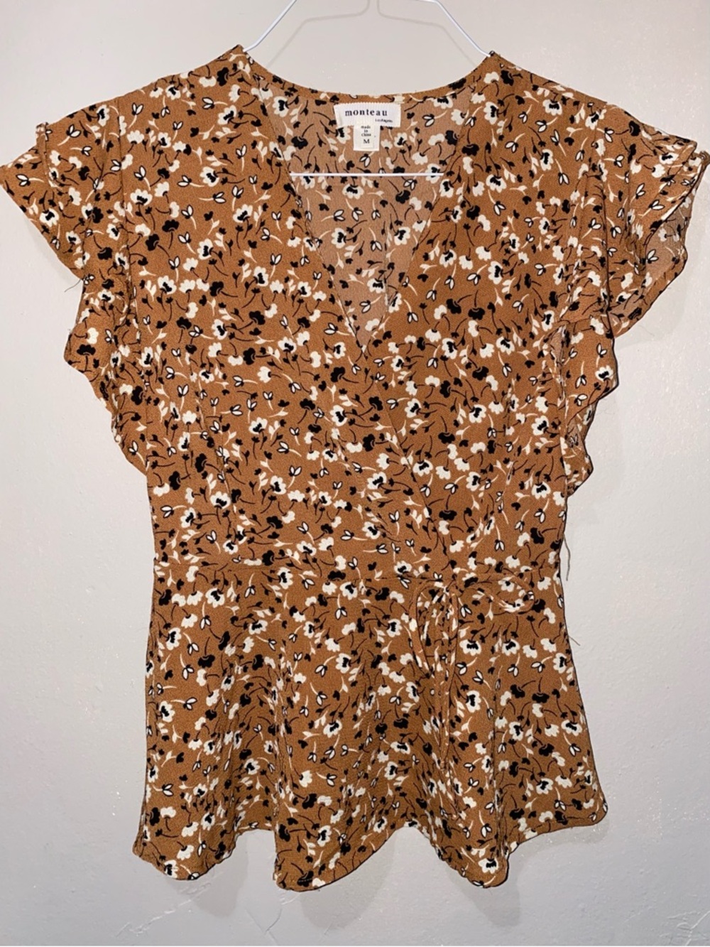 Monteau Women's Tan Floral Wrap Blouse